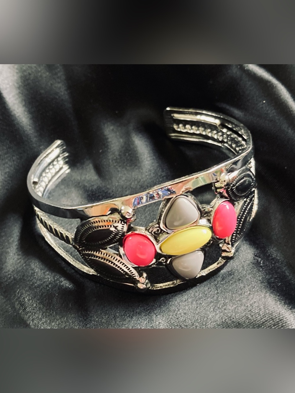 Silver-Tone Open Cuff Bracelet w/ Multi Stones-Pink, Yellow, Grey